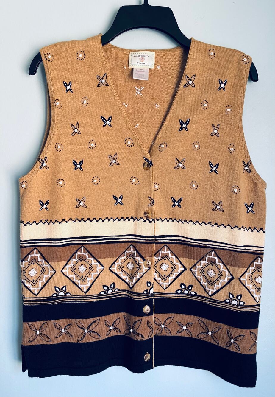 Vintage 90s Hand Embroidered Sweater Vest Susan Bristol Casuals Med Cottagecore